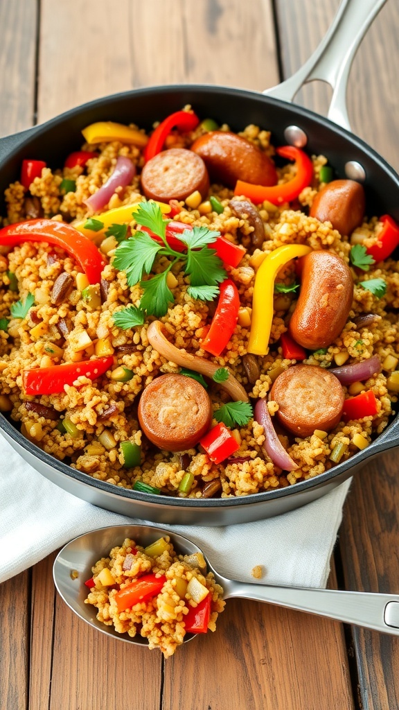Quinoa and Chicken Sausage Skillet Recipe A skillet filled with quinoa, chicken sausage, bell peppers, and onions, garnished with parsley.
